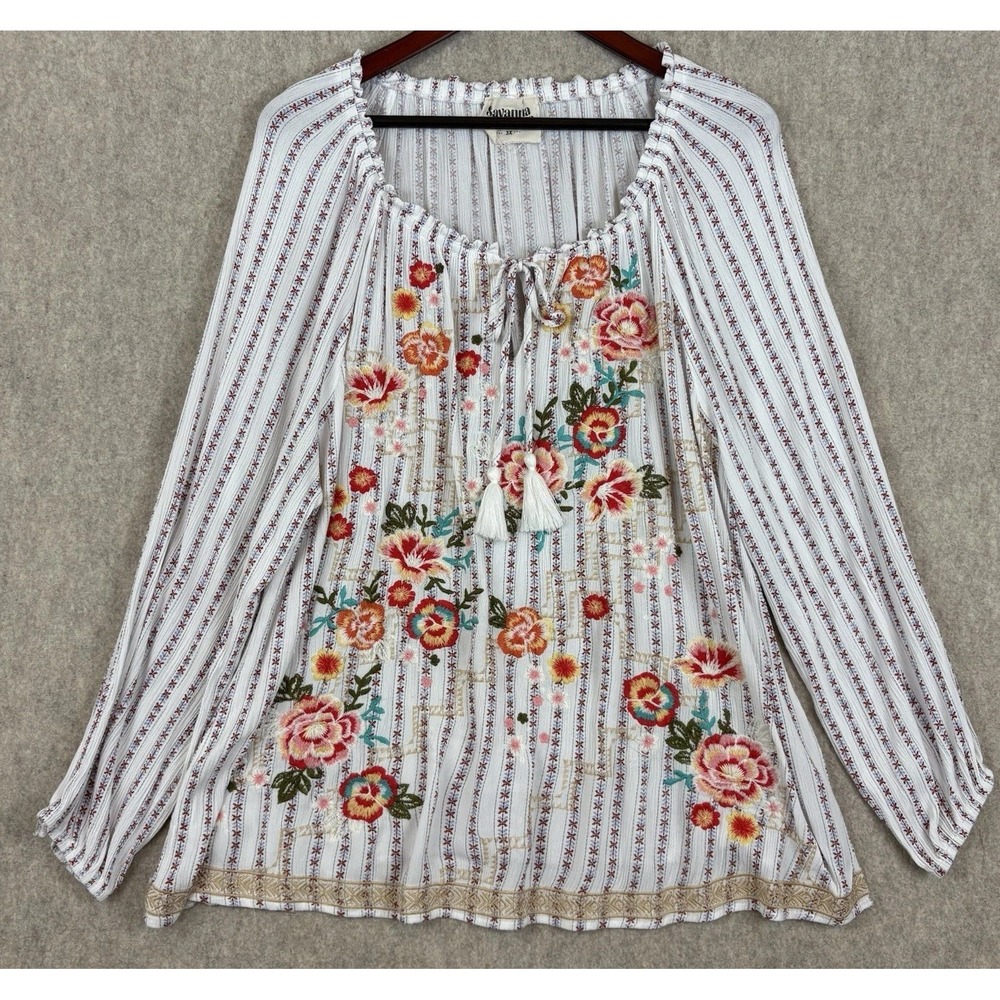 Savanna Jane 3X Blouse Floral Embroidered Boho Peasant Tassel Striped Read
